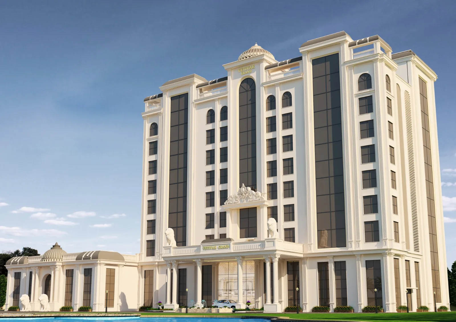 Vetiver Grand, Jabalpur: wide daytime view of the full building, porte-cochère and grounds, the arrival point for a corporate offsite in central India